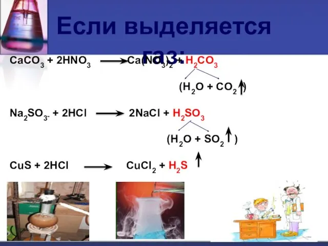 Если выделяется газ: CaCO3 + 2HNO3 Ca(NO3)2 + H2CO3 (H2O