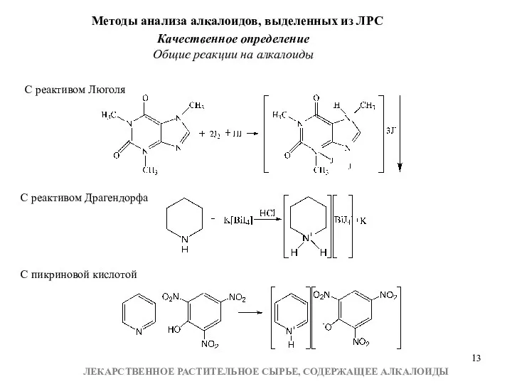 Методы анализа алкалоидов, выделенных из ЛРС Качественное определение Общие реакции