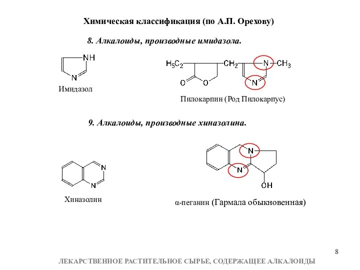 8. Алкалоиды, производные имидазола. Имидазол Пилокарпин (Род Пилокарпус) 9. Алкалоиды, производные хиназолина. Хиназолин