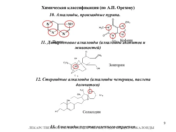 10. Алкалоиды, производные пурина. 11. Дитерпеновые алкалоиды (алкалоиды аконитов и