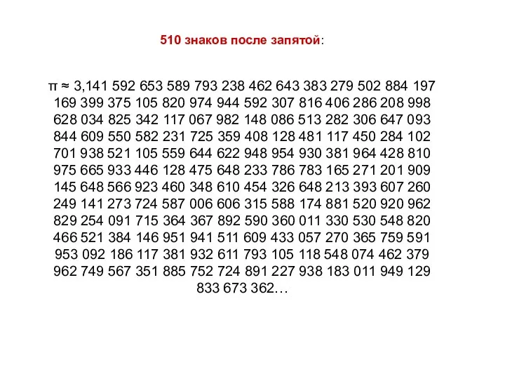 510 знаков после запятой: π ≈ 3,141 592 653 589 793 238 462