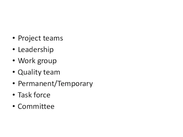 Some other types Project teams Leadership Work group Quality team Permanent/Temporary Task force Committee