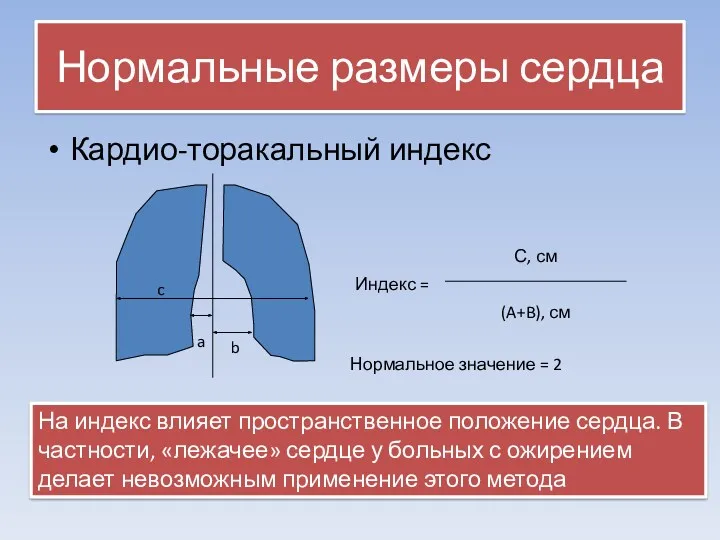 Нормальные размеры сердца Кардио-торакальный индекс a b c Индекс =