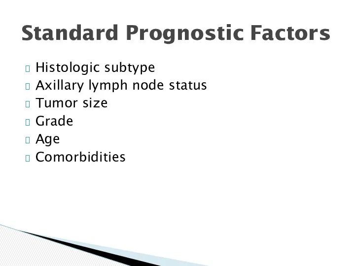 Histologic subtype Axillary lymph node status Tumor size Grade Age Comorbidities Standard Prognostic Factors