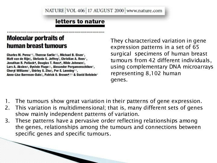 They characterized variation in gene expression patterns in a set of 65 surgical