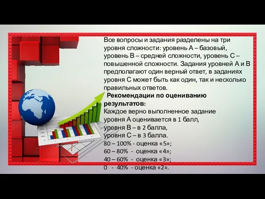 Все вопросы и задания разделены на три уровня сложности: уровень