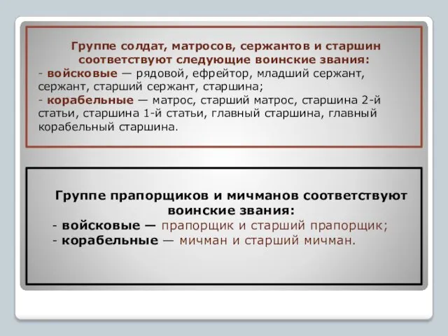 Группе солдат, матросов, сержантов и старшин соответствуют следующие воинские звания: