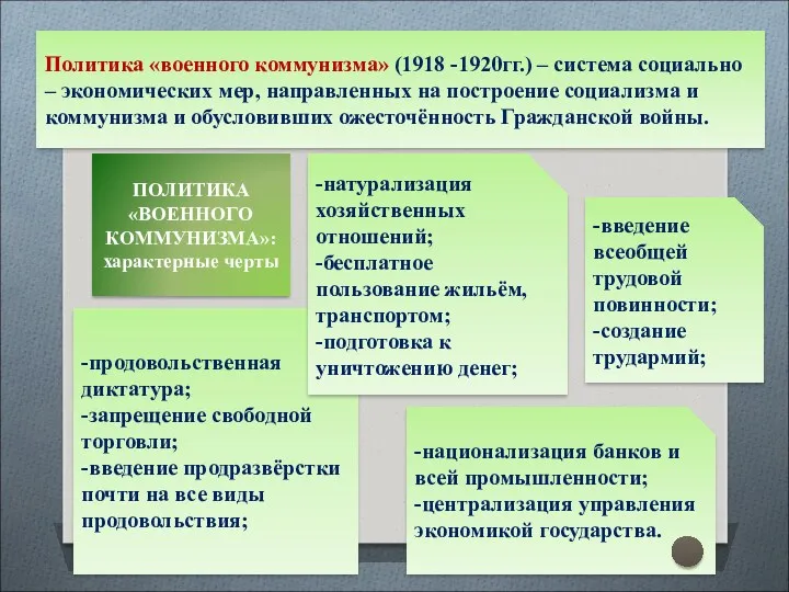 -продовольственная диктатура; -запрещение свободной торговли; -введение продразвёрстки почти на все