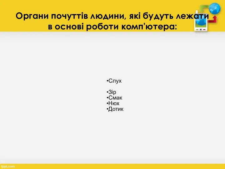 Органи почуттів людини, які будуть лежати в основі роботи комп'ютера: Слух Зір Смак Нюх Дотик