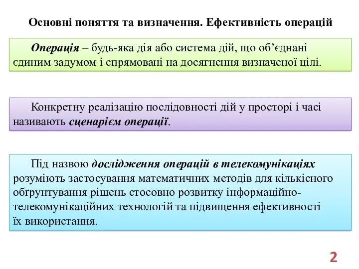 Основні поняття та визначення. Ефективність операцій Операція – будь-яка дія