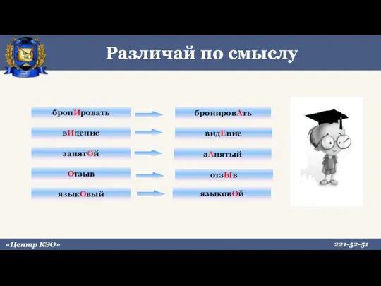 Отзыв отзЫв занятОй зАнятый бронИровать бронировАть вИдение видЕние языкОвый языковОй Различай по смыслу