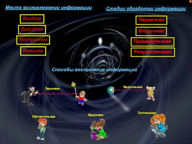 Места возникновении информации Стадии обработки информации Способы восприятия информации Вкусовая Обонятельная Тактильная