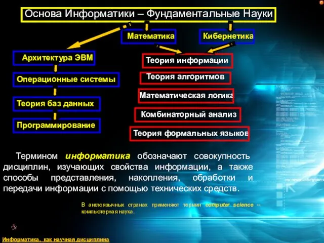 Термином информатика обозначают совокупность дисциплин, изучающих свойства информации, а также