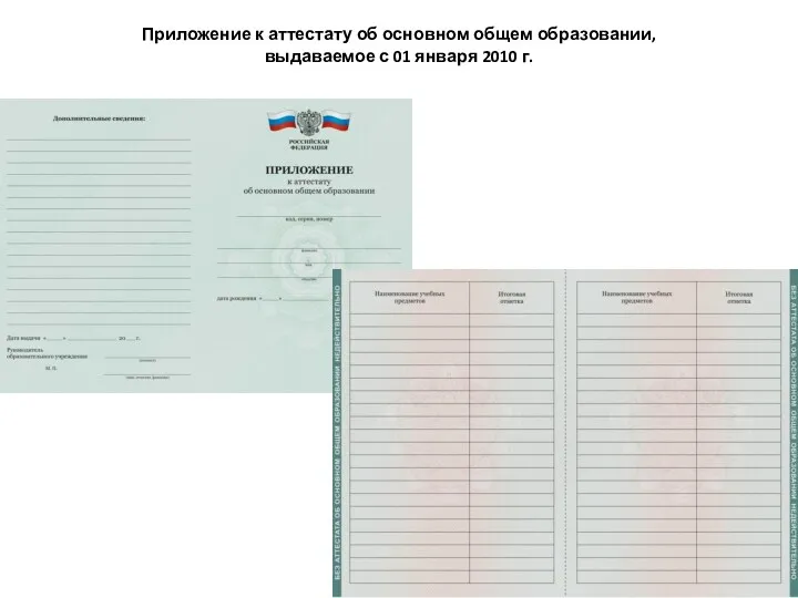 Приложение к аттестату об основном общем образовании, выдаваемое с 01 января 2010 г.