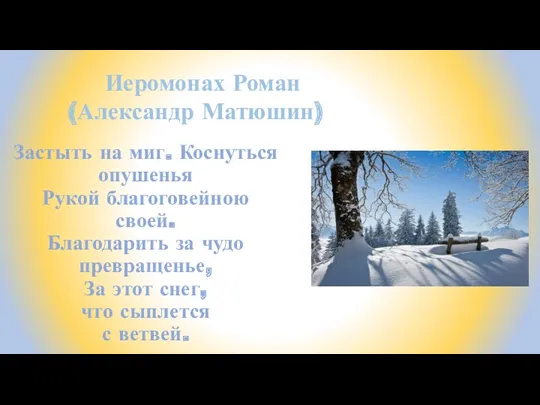 Застыть на миг. Коснуться опушенья Рукой благоговейною своей. Благодарить за