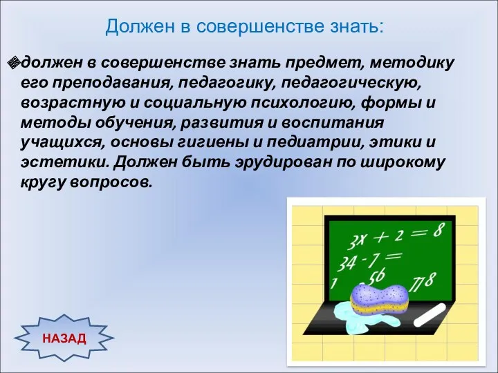 НАЗАД Должен в совершенстве знать: должен в совершенстве знать предмет, методику его преподавания,