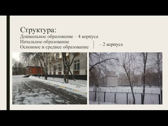 Структура: Дошкольное образование – 4 корпуса Начальное образование Основное и среднее образование – 2 корпуса