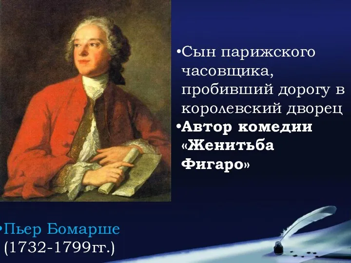 Пьер Бомарше (1732-1799гг.) Сын парижского часовщика, пробивший дорогу в королевский дворец Автор комедии «Женитьба Фигаро»