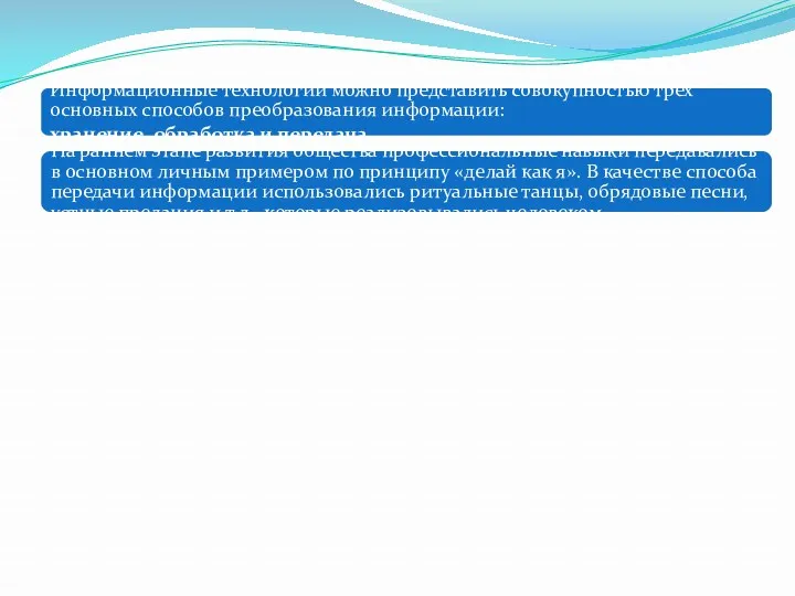 Информационные технологии можно представить совокупностью трех основных способов преобразования информации: