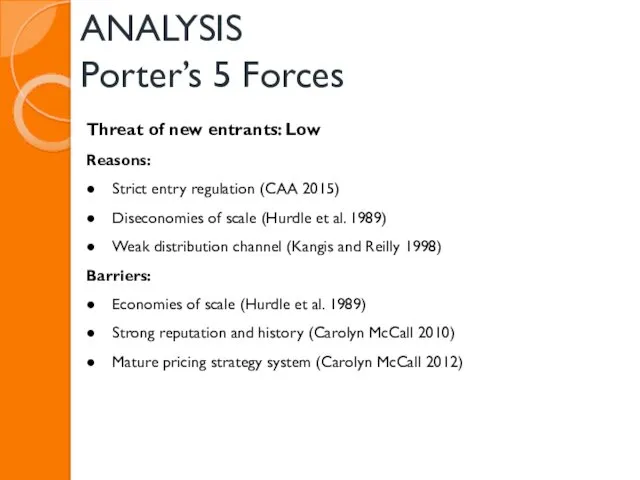 ANALYSIS Porter’s 5 Forces Threat of new entrants: Low Reasons: