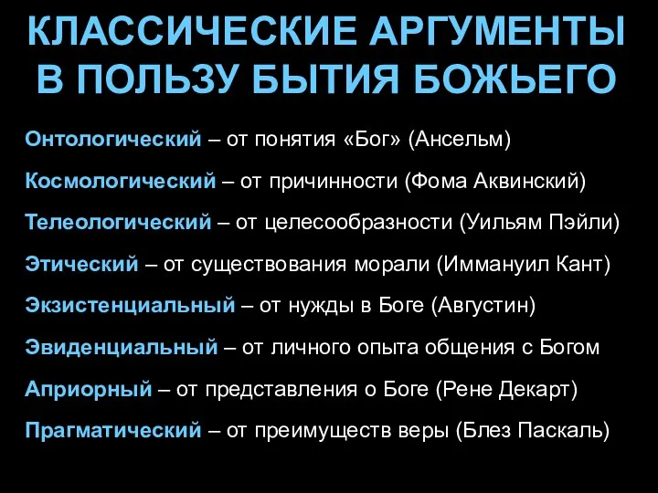 КЛАССИЧЕСКИЕ АРГУМЕНТЫ В ПОЛЬЗУ БЫТИЯ БОЖЬЕГО Онтологический – от понятия