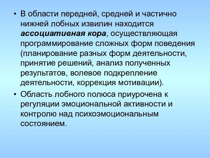 В области передней, средней и частично нижней лобных извилин находится ассоциативная кора, осуществляющая