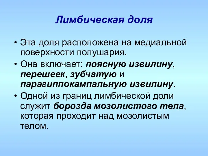 Лимбическая доля Эта доля расположена на медиальной поверхности полушария. Она включает: поясную извилину,