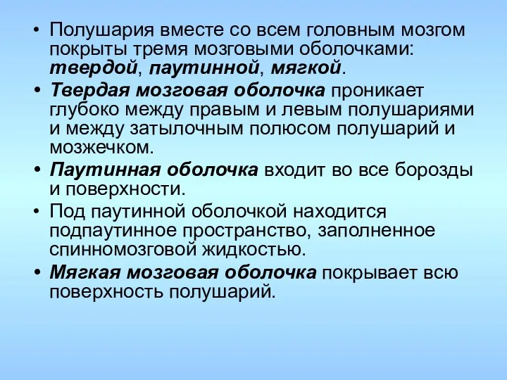 Полушария вместе со всем головным мозгом покрыты тремя мозговыми оболочками: твердой, паутинной, мягкой.