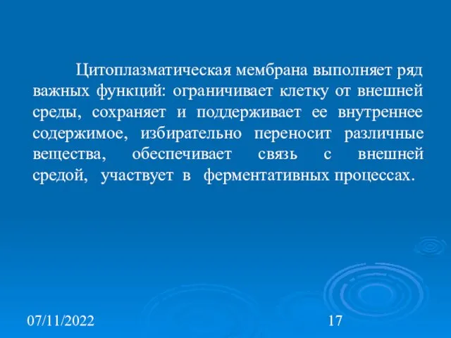 07/11/2022 Цитоплазматическая мембрана выполняет ряд важных функций: ограничивает клетку от