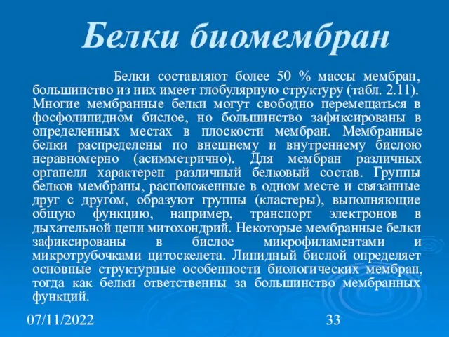 07/11/2022 Белки биомембран Белки составляют более 50 % массы мембран,