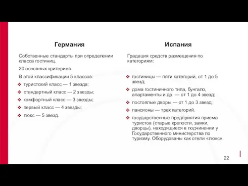 Испания Градация средств размещения по категориям: гостиницы — пяти категорий,