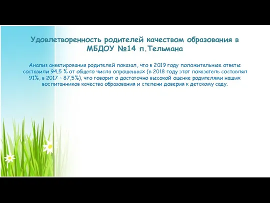 Удовлетворенность родителей качеством образования в МБДОУ №14 п.Тельмана Анализ анкетирования