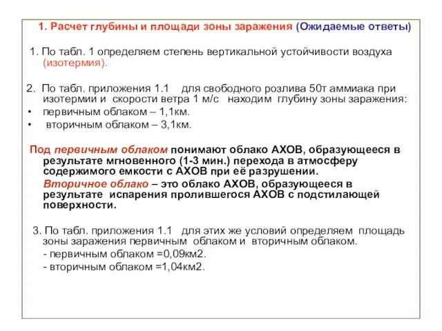 1. Расчет глубины и площади зоны заражения (Ожидаемые ответы) 1. По табл. 1