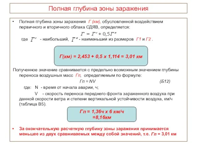 Полная глубина зоны заражения Полная глубина зоны заражения Г (км), обусловленной воздействием первичного