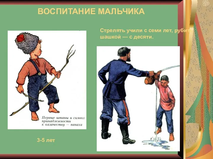 ВОСПИТАНИЕ МАЛЬЧИКА 3-5 лет Стрелять учили с семи лет, рубить шашкой — с десяти.