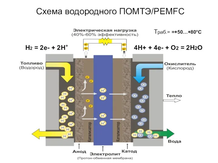 Схема водородного ПОМТЭ/PEMFC H2 = 2e- + 2H+ 4H+ +