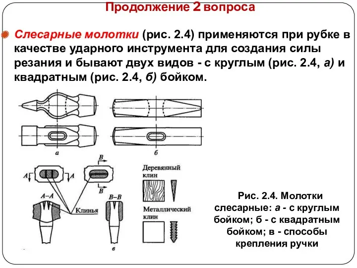 Продолжение 2 вопроса Слесарные молотки (рис. 2.4) применяются при рубке