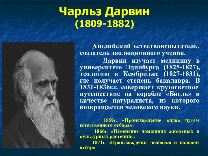 Чарльз Дарвин (1809-1882) Английский естествоиспытатель, создатель эволюционного учения. Дарвин изучает