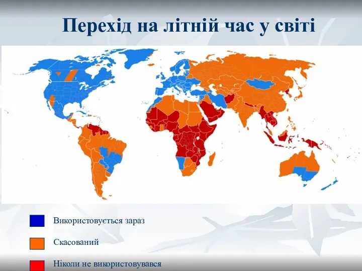 Перехід на літній час у світі Використовується зараз Скасований Ніколи не використовувався