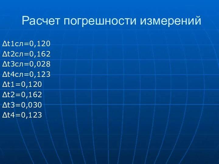 Расчет погрешности измерений ∆t1сл=0,120 ∆t2сл=0,162 ∆t3сл=0,028 ∆t4сл=0,123 ∆t1=0,120 ∆t2=0,162 ∆t3=0,030 ∆t4=0,123