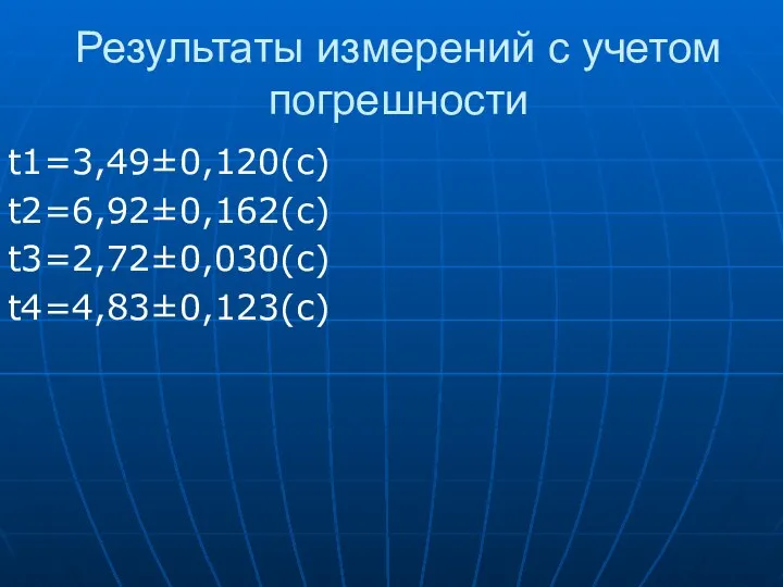 Результаты измерений с учетом погрешности t1=3,49±0,120(с) t2=6,92±0,162(с) t3=2,72±0,030(с) t4=4,83±0,123(с)