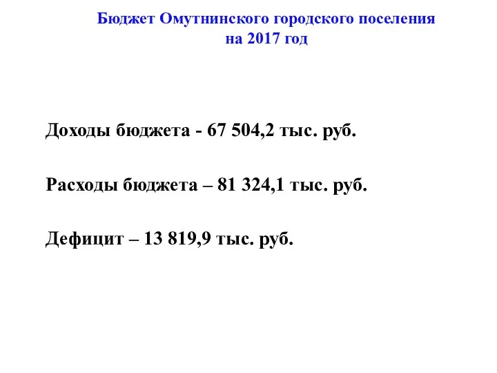 Бюджет Омутнинского городского поселения на 2017 год Доходы бюджета -