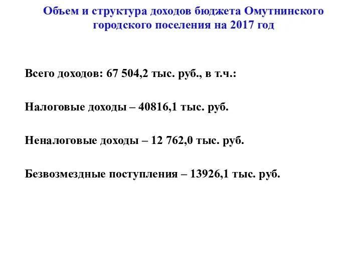 Объем и структура доходов бюджета Омутнинского городского поселения на 2017