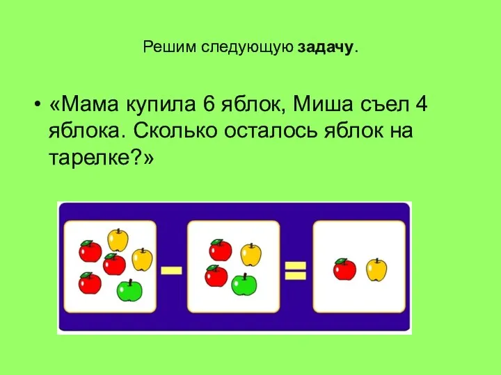 Решим следующую задачу. «Мама купила 6 яблок, Миша съел 4 яблока. Сколько осталось яблок на тарелке?»