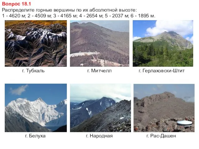 Вопрос 18.1 Распределите горные вершины по их абсолютной высоте: 1