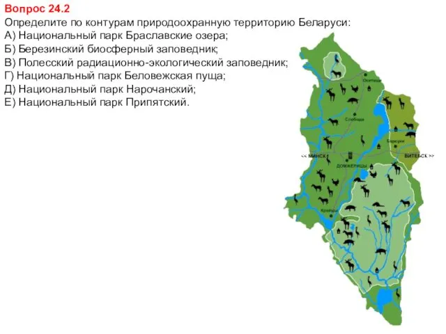 Вопрос 24.2 Определите по контурам природоохранную территорию Беларуси: А) Национальный