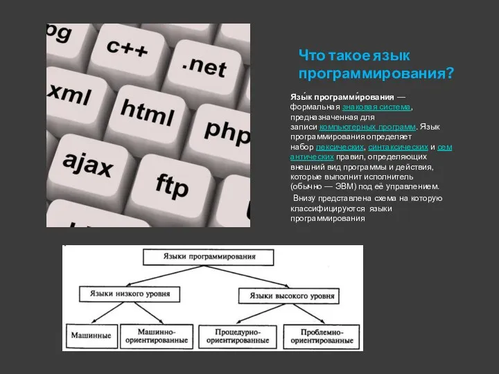 Что такое язык программирования? Язы́к программи́рования — формальная знаковая система,