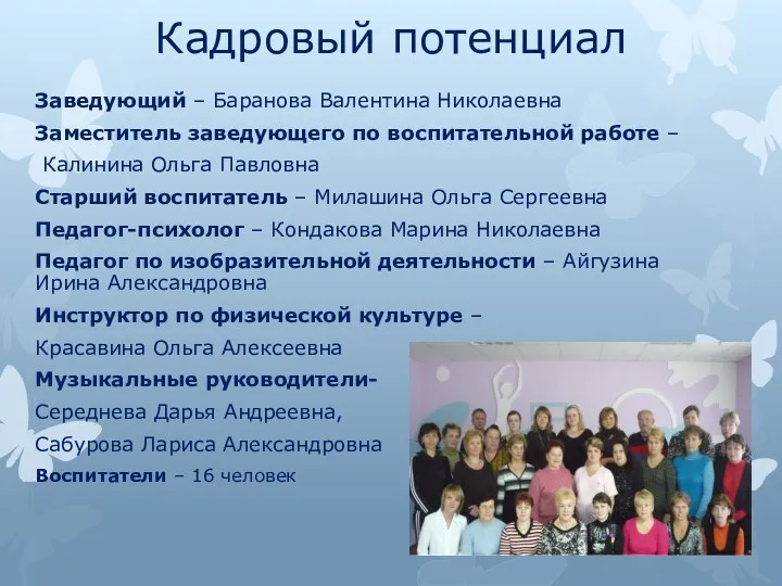 Кадровый потенциал Заведующий – Баранова Валентина Николаевна Заместитель заведующего по