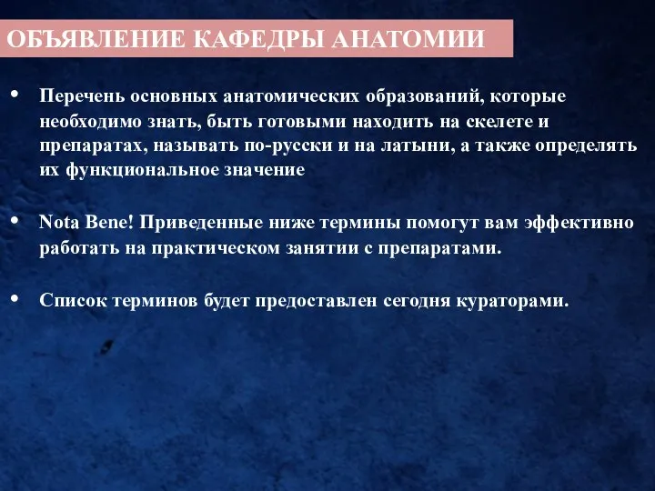 ОБЪЯВЛЕНИЕ КАФЕДРЫ АНАТОМИИ Перечень основных анатомических образований, которые необходимо знать, быть готовыми находить