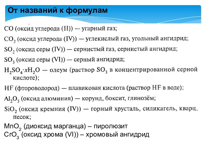 От названий к формулам MnO2 (диоксид марганца) – пиролюзит CrO3 (оксид хрома (VI)) – хромовый ангидрид